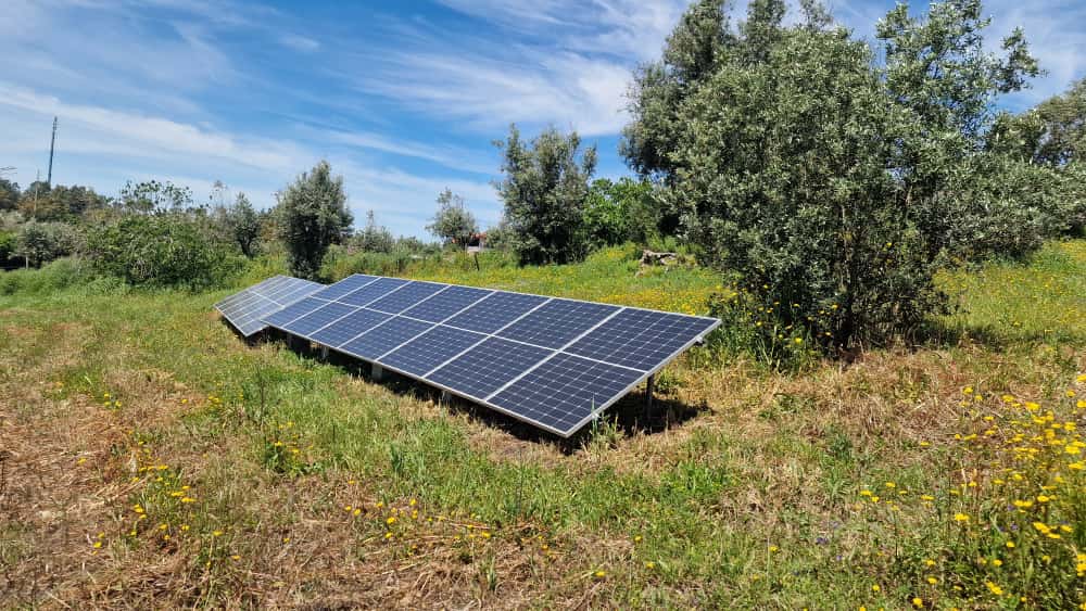Painéis solares fotovoltaicos instalados no solo para produção de eletricidade.